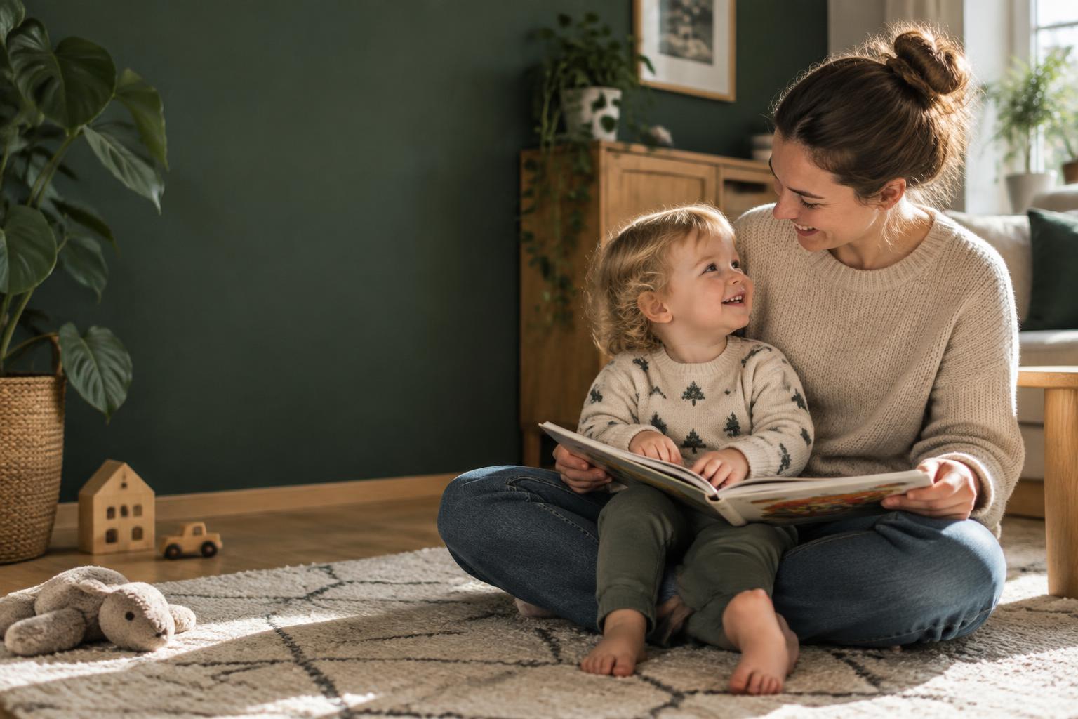 A parent and young child share a picture book at home